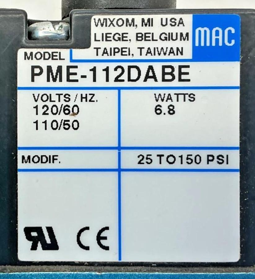 Used MAC Valves 6314D-612-PM-112DA Solenoid Valve Missing Base 6.8W 150PSI 110/120V