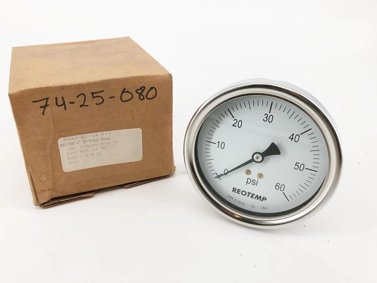 New Reotemp PG40-S2-C4-P17 Gauge SS/Brass 0-60psi 1/4" Back Mount