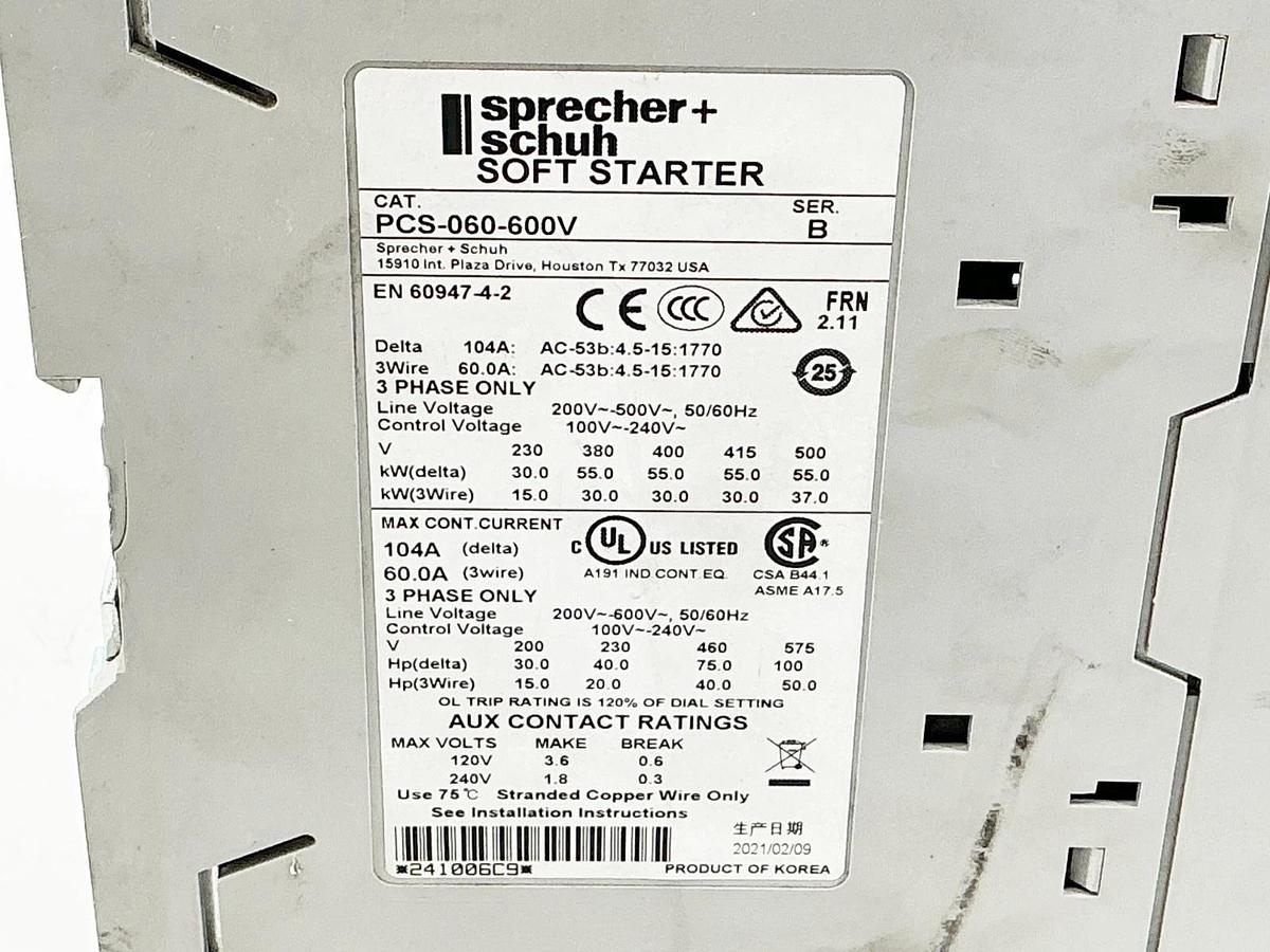 New Sprecher Schuh PCS-060-600V Soft Starter 60A 3PH 50/60Hz 600V Ser.B - No Box
