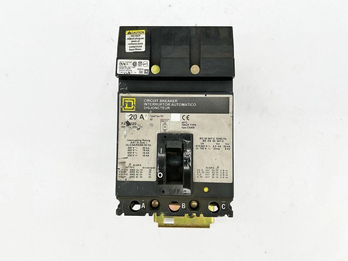 Used Square D FA32020 Circuit Breaker 20A 3P 600V