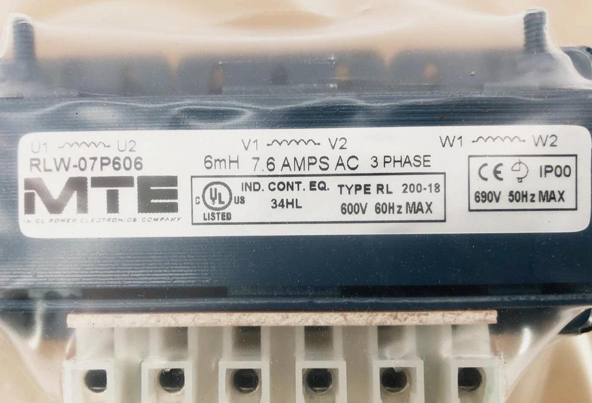 New MTE RLW-07P606 Reactor 3 Phase 7.6A 600VAC
