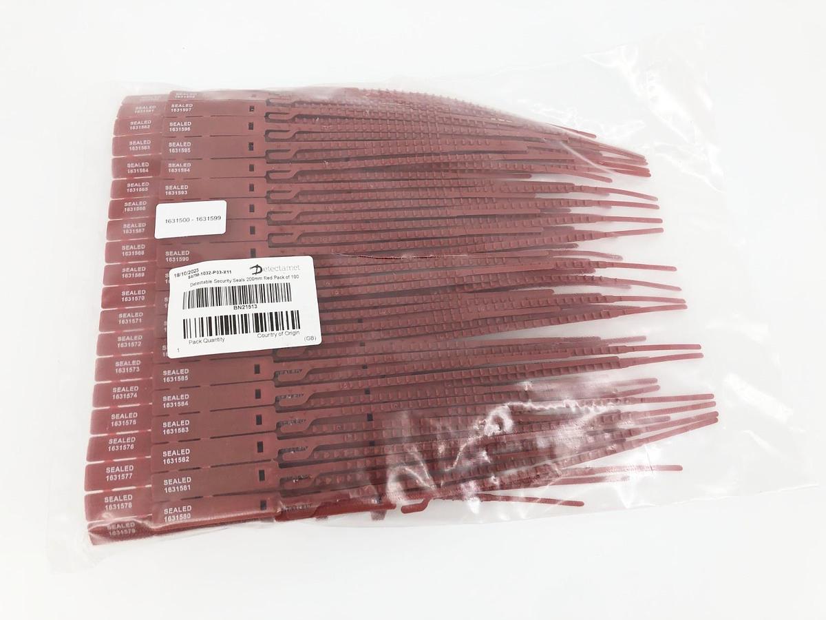 Bag of 100 New Detectamet 847M-1032-P03-X11 Red Security Seals 200mm