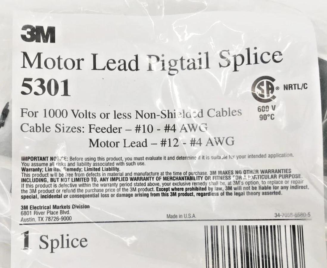 New 3M 5301 Motor Lead Pigtail Splice Kit 1000V or Less (3 Splices)