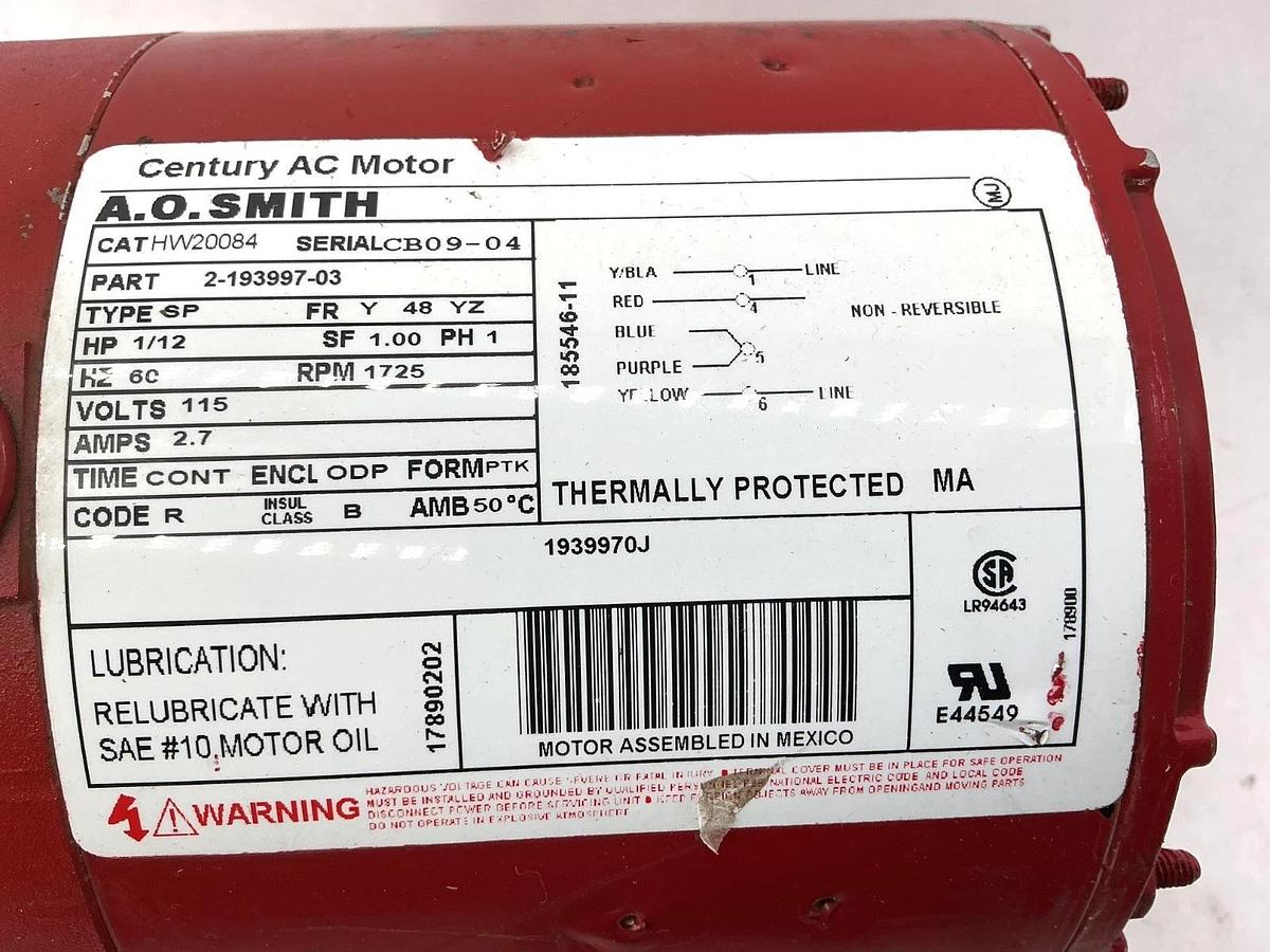 Used AO Smith HW20084 Century AC Motor 2-193997-03 HP-1/12 FR-48YZ 1725RPM 2.7A 115V