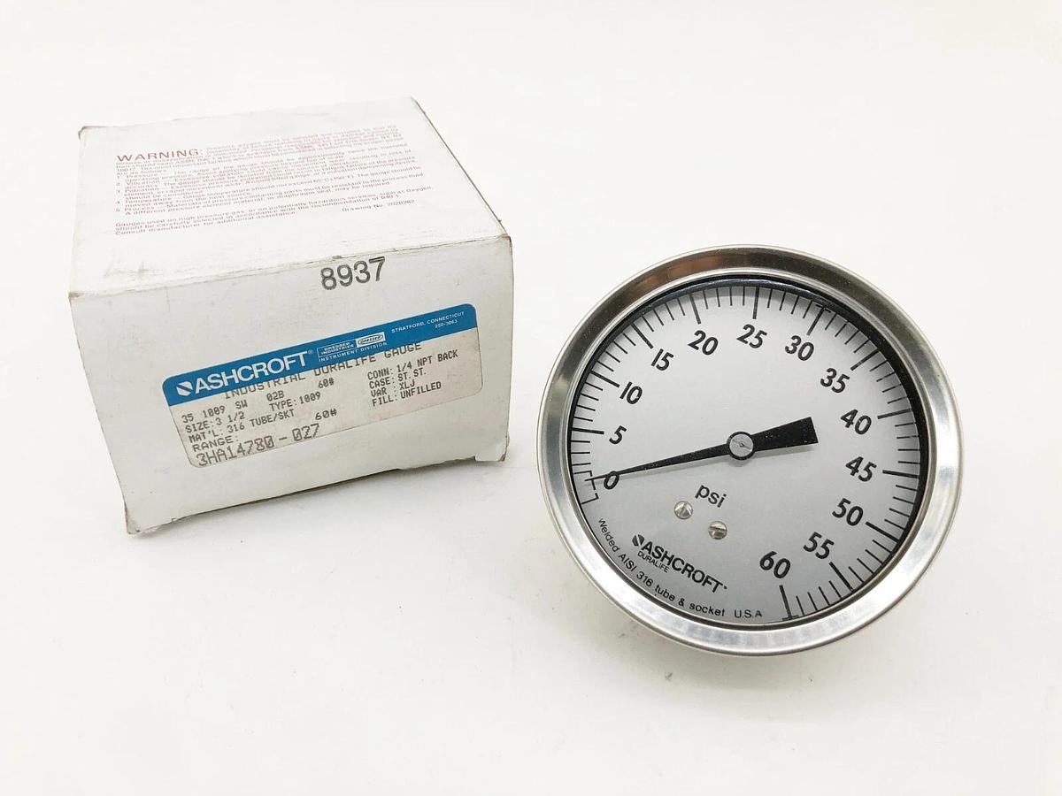 New Ashcroft 35-1009-SW-02B-60# Duralife Gauge 1/4" NPT Back Mount 60psi