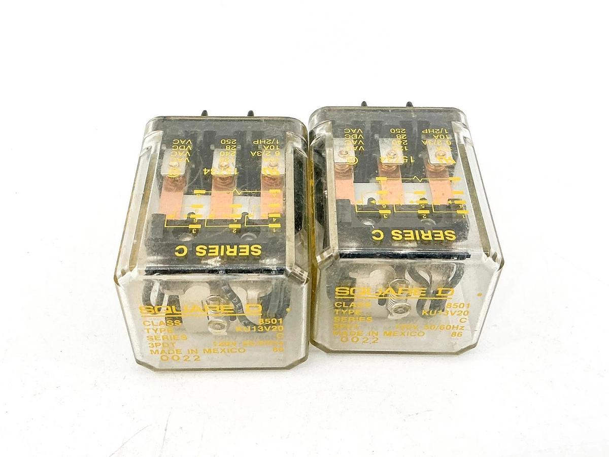 Used Lot of 2 Square D 8501KU13V20 Relay 120V 10A 1/2HP