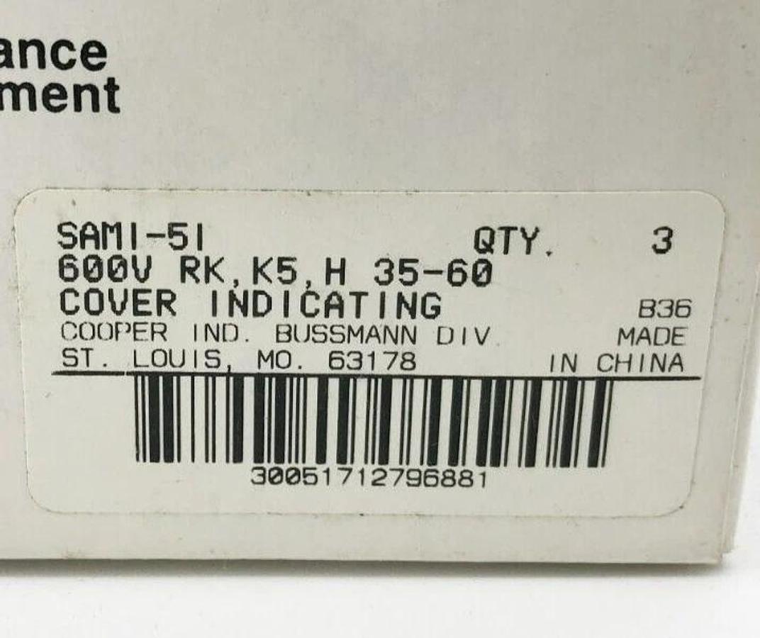 Lot of 3 New Bussmann SAMI-5I Indicating Fuse Covers 600V 35-60 H