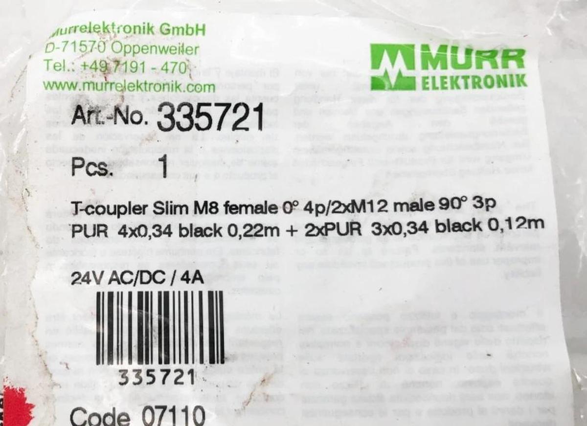 New Murr Elektronik 335721 T-Coupler Slim M8 Female 2x M12 Male 90° 24VAC/DC 4A