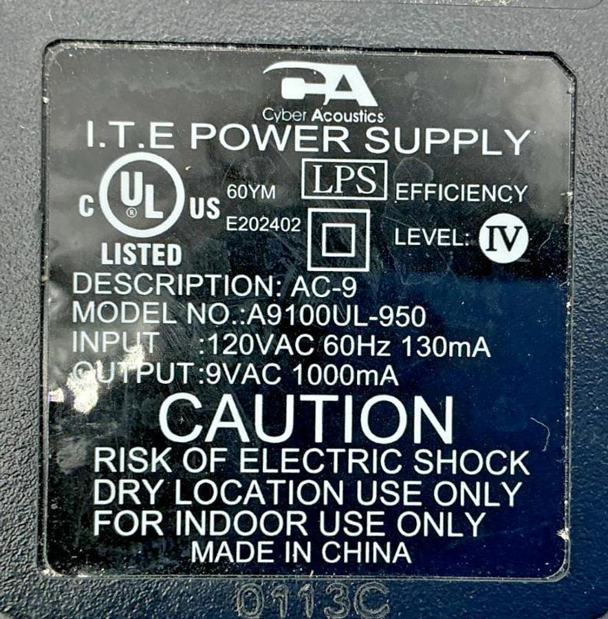 Used Lot of 2 Cyber Acoustics A9100UL-950 ITE Power Supply AC-9 Input: 120VAC 60HZ