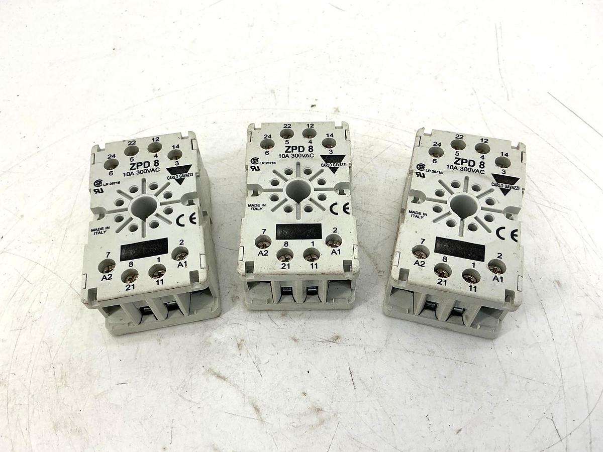 Used Lot of 3 Carlo Gavazzi ZPD-8 Relay Socket 8-Pin 10A 300VAC ZPD8