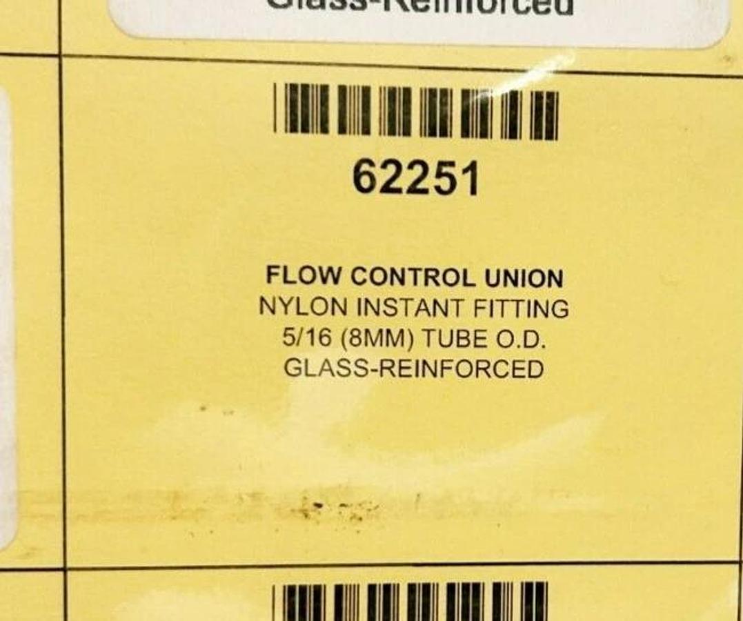 New Lawson Legris 62251 Flow Control Union, 5/16" (8mm) Tube OD, 145psi
