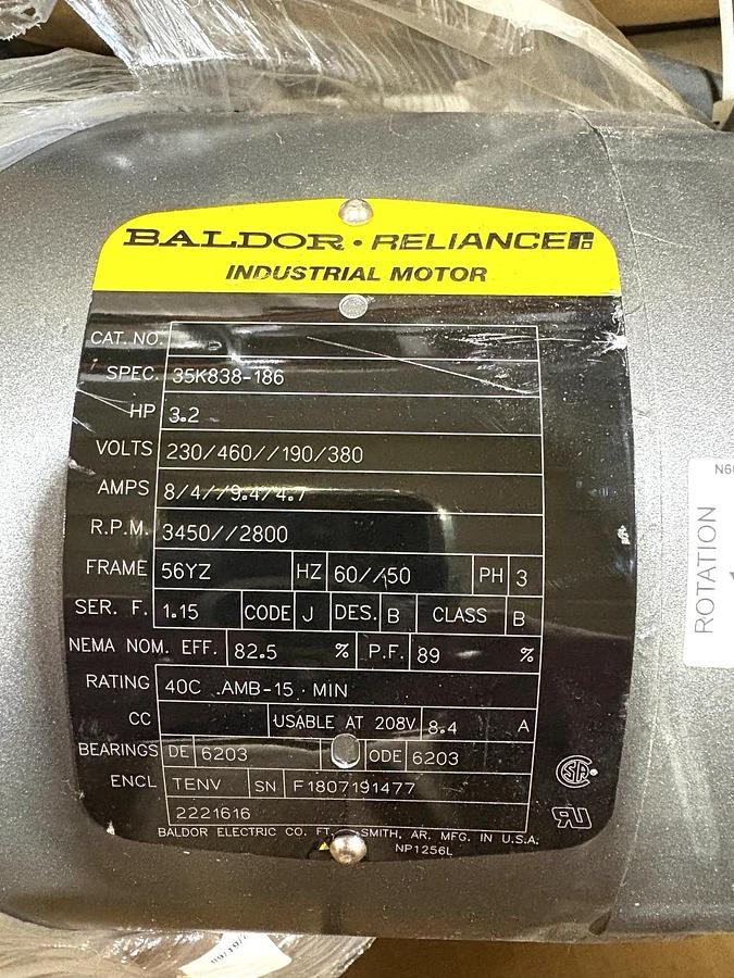 Baldor 2221616 3.2HP TENV Motor 230/460-190/380V 3PH 60/50Hz 3450/2800RPM 56YZ