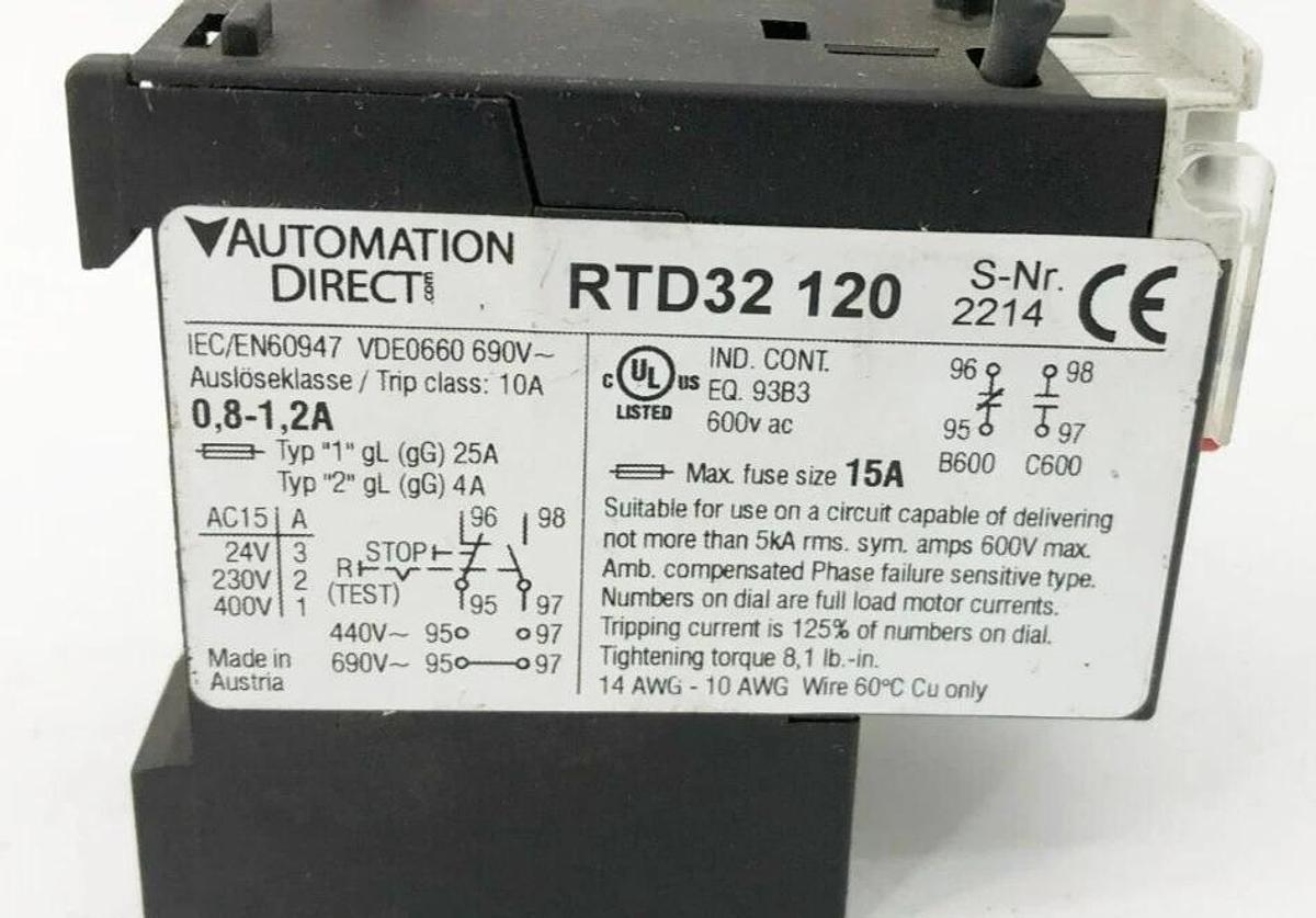 New Automation Direct RTD32-120 Thermal Overload Relay 0.8-1.2A