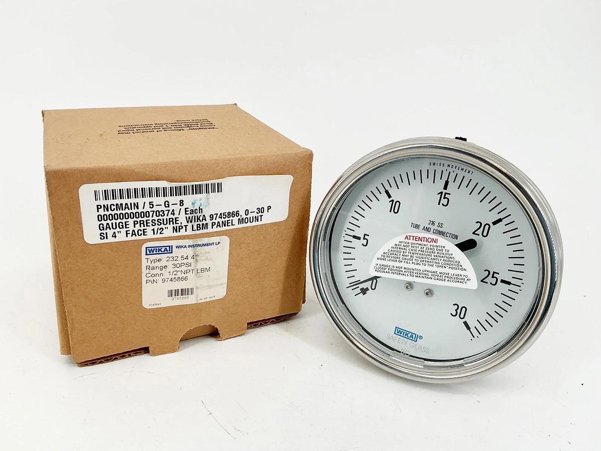 New Wika Type 232.54 4" 9745866 Pressure Gauge 4" Face 30PSI 1/2"NPT