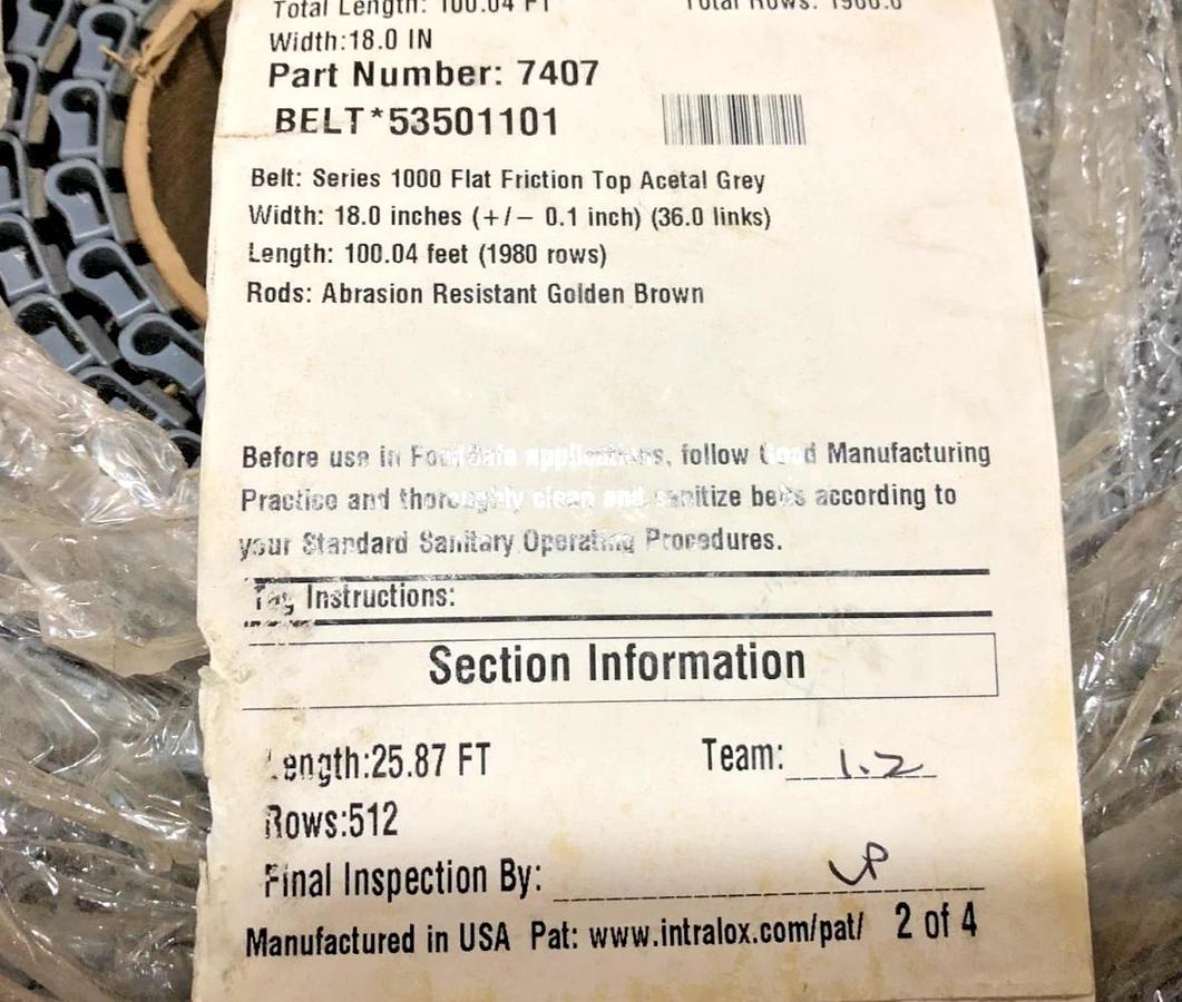 New Intralox 7407 Series 1000 Flat Friction Top Acetal Gray 25.87FT x 18" No Box