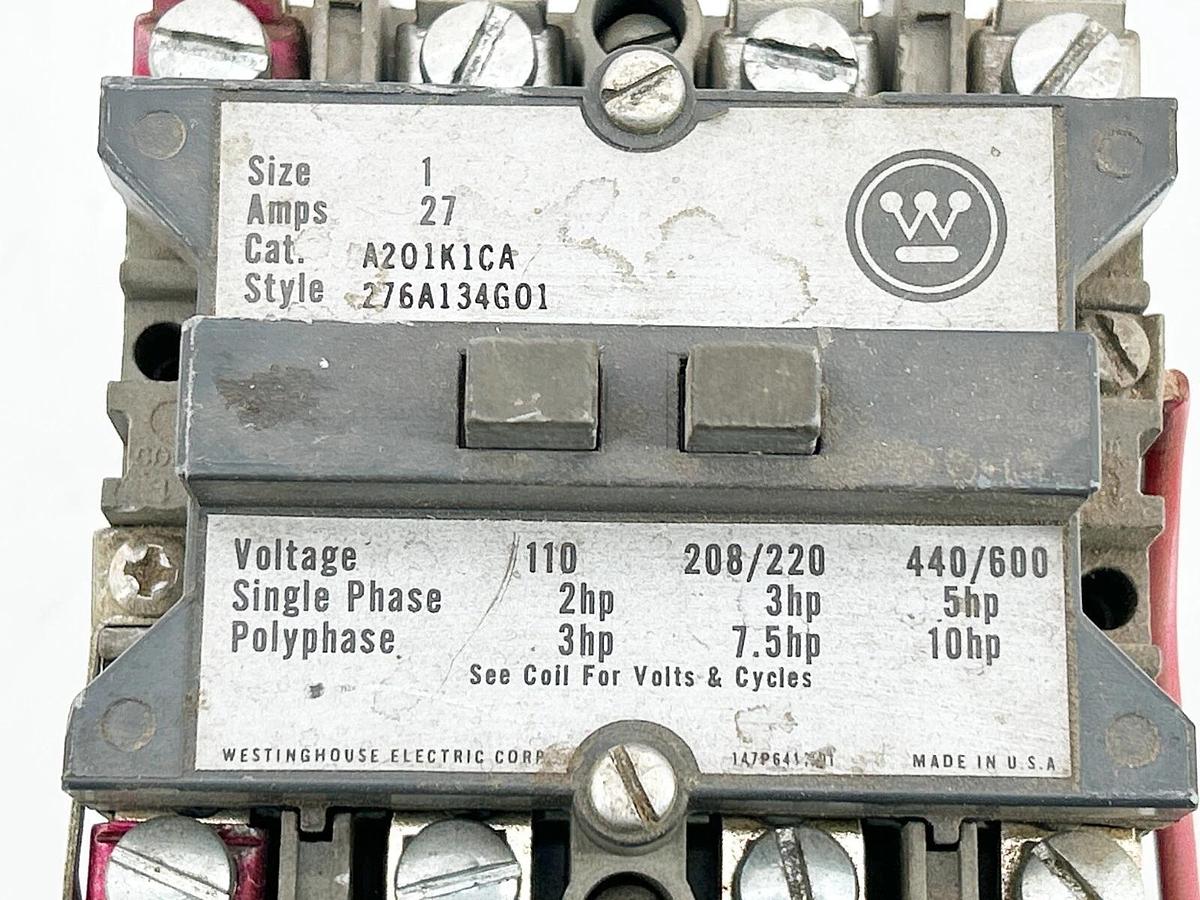 Used Westinghouse A201K1CA Contactor Non-Reversing 27A Size 1 110/120V 50/60Hz