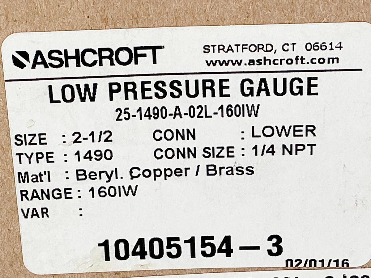 New Ashcroft 25-1490-A-02L-160IW Low Pressure Gauge 2.5" 0-160IW 1/4"NPT
