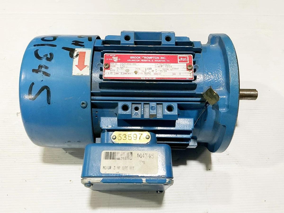 Used Brook Compton 1425303-00 Electric Motor 0.5HP 575V 1100RPM 3PH S731627