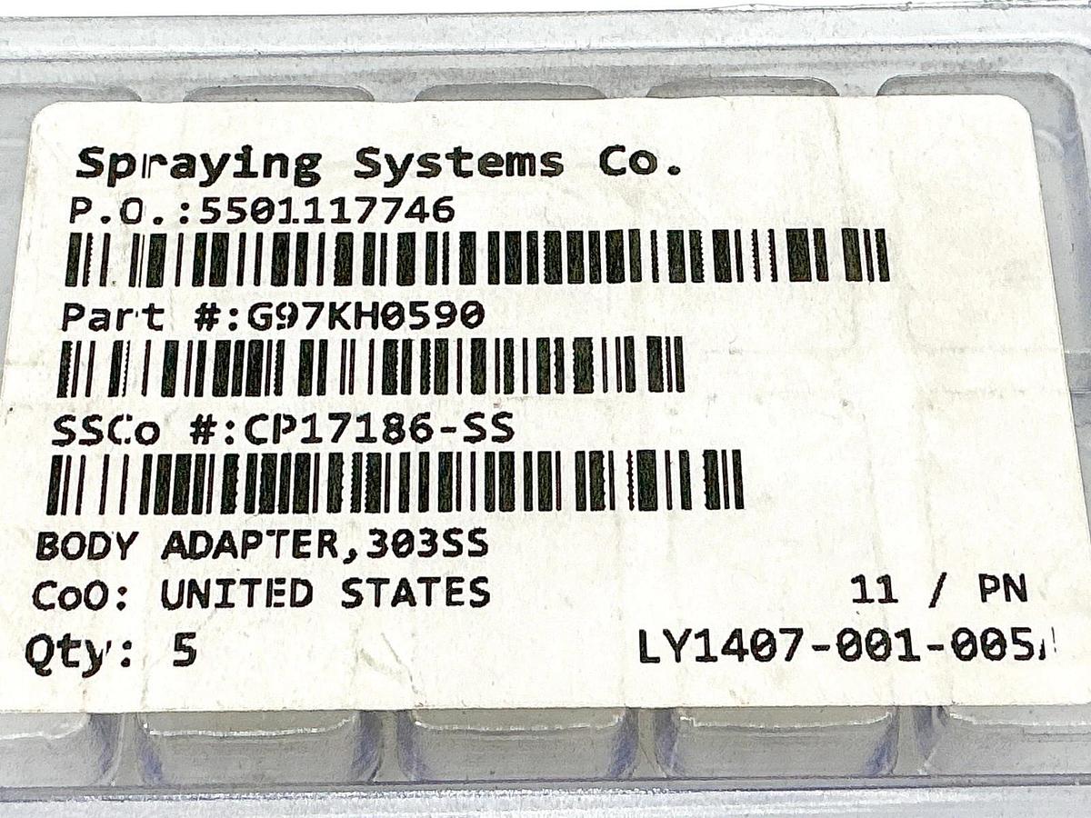 New Lot of 5 Spraying Systems CP17186-SS Body Adapter 303SS G97KH0590