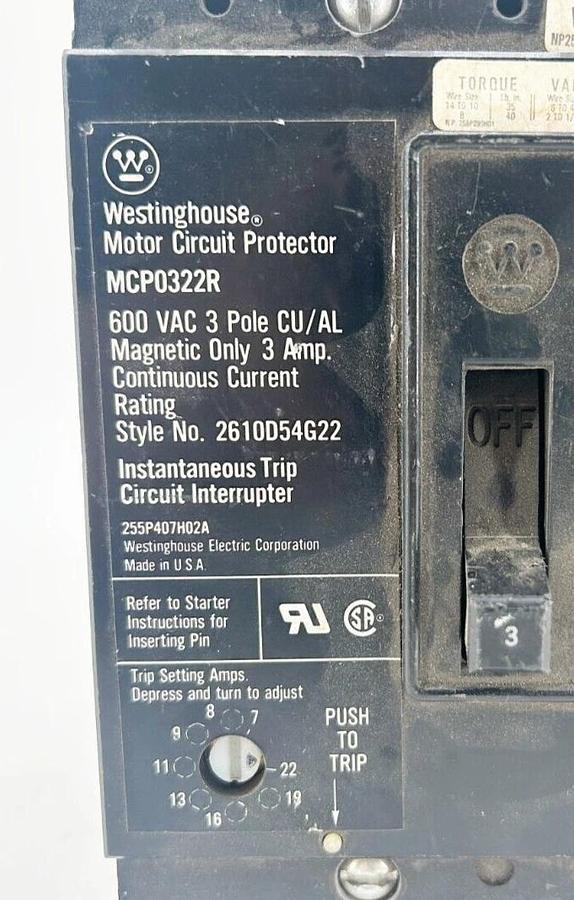 New Westinghouse MCP0322R Circuit Breaker 3P 600VAC 3A