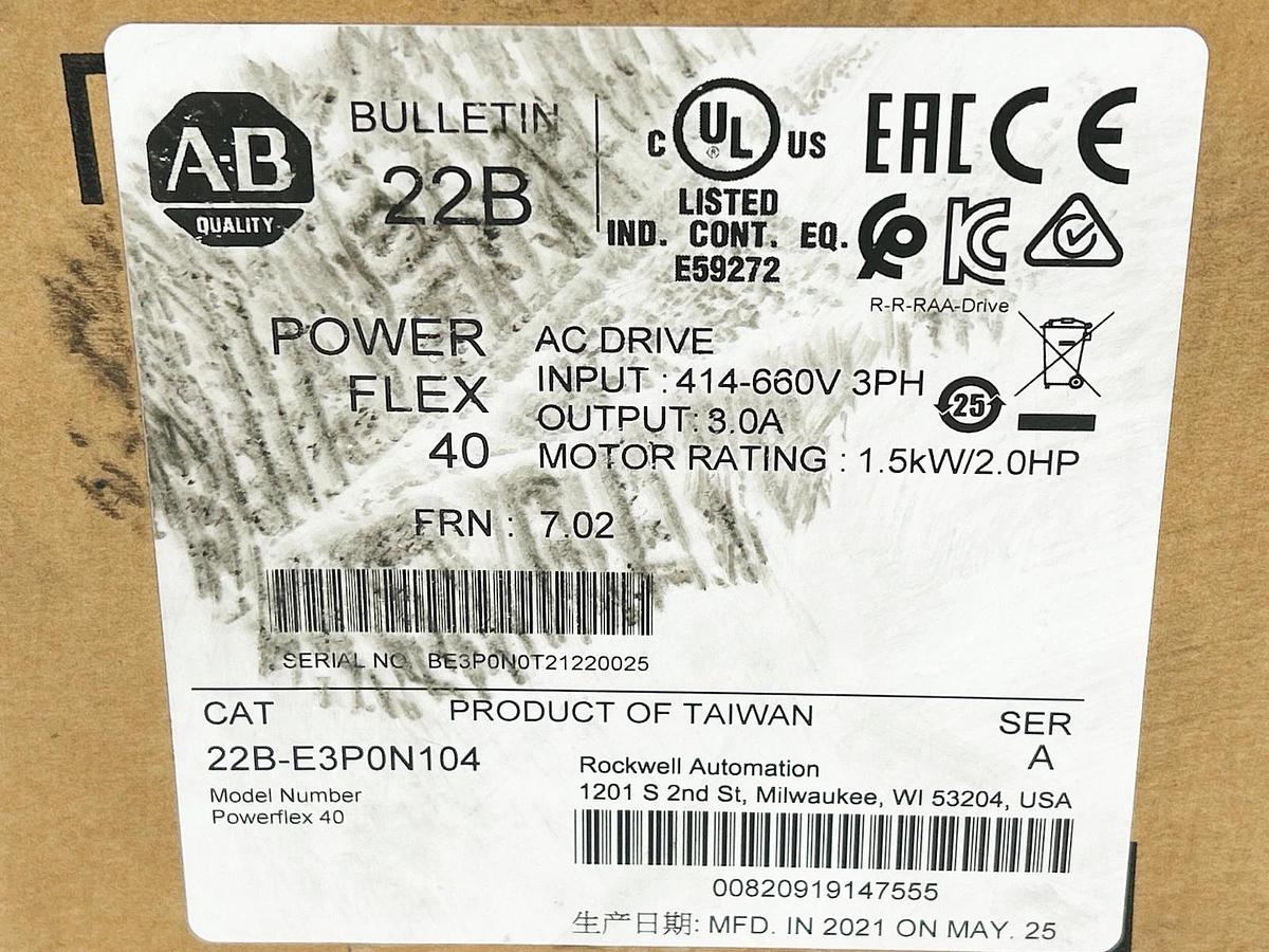 Used New Allen Bradley 22B-E3P0N104 AC Drive Powerflex 3PH 3A 1.5KW 2HP 660V
