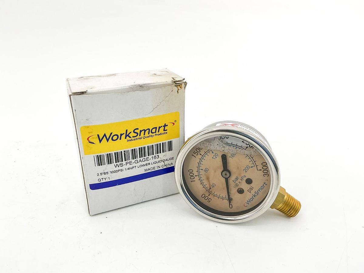 New Worksmart WS-PE-GAGE-163 Pressure Gauge 2.5" SS 3000PSI 1/4NPT