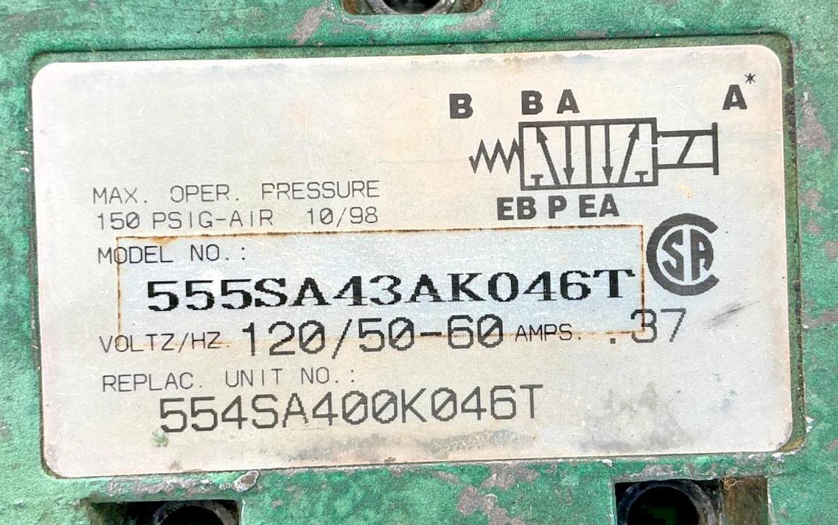 Used Numatics 555SA43AK046T Solenoid Valve 150PSIG-Air 0.37A 120VAC 50/60HZ