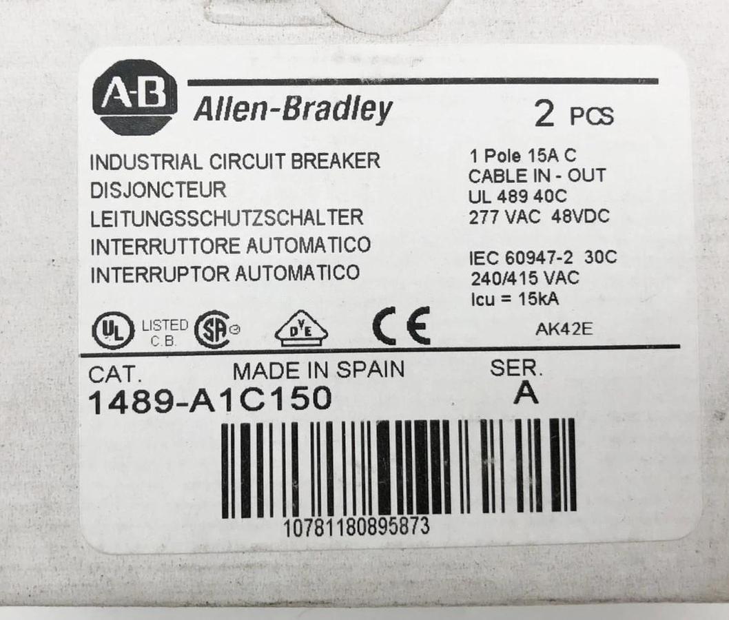 Box of 2 New Allen-Bradley 1489-A1C150 Circuit Breakers 1P 15A 277VAC 48VDC