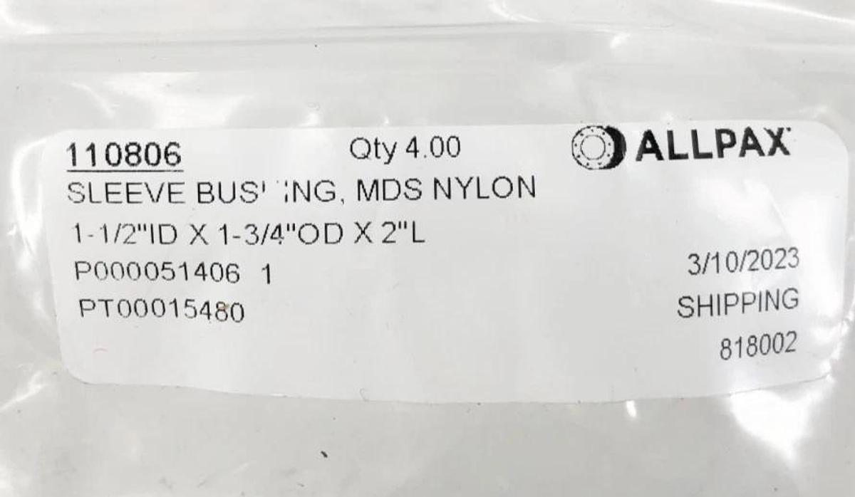 Bag of 5 New Allpax 110806 Bushing Sleeves MDS Nylon 1/5" ID 1.75" OD 2" L