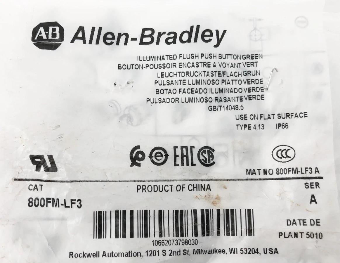 Lot of 2 New Allen Bradley 800FM-LF3 Green Flush Mount Pushbutton Illuminated