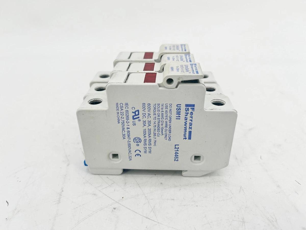 Used Lot of 3 Ferraz Shawmut USM1I UltraSafe Fuse Holders 30A 600V Max