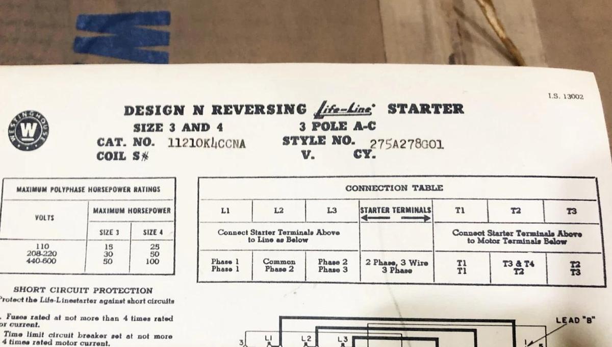 New Westinghouse 11210K4CCN-A Life-Line Starter 100HP Max Size 4 135A Type N