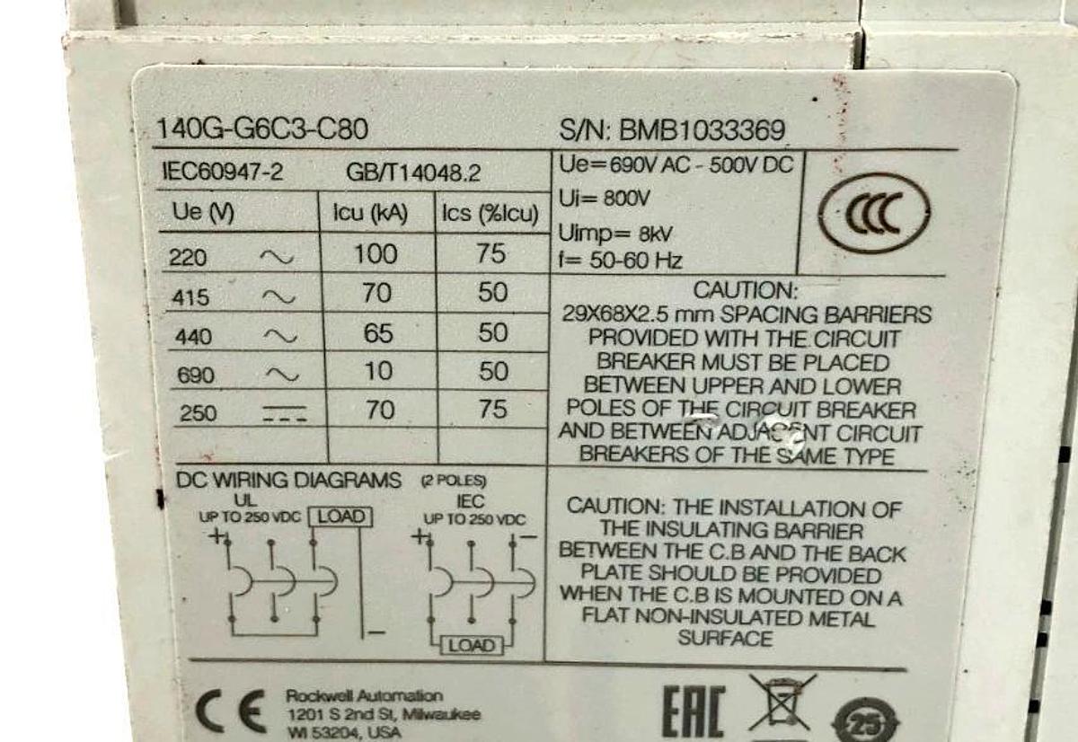 New Allen Bradley 140G-G6C3-C80 Circuit Breaker 80A 3P 480V - No Box