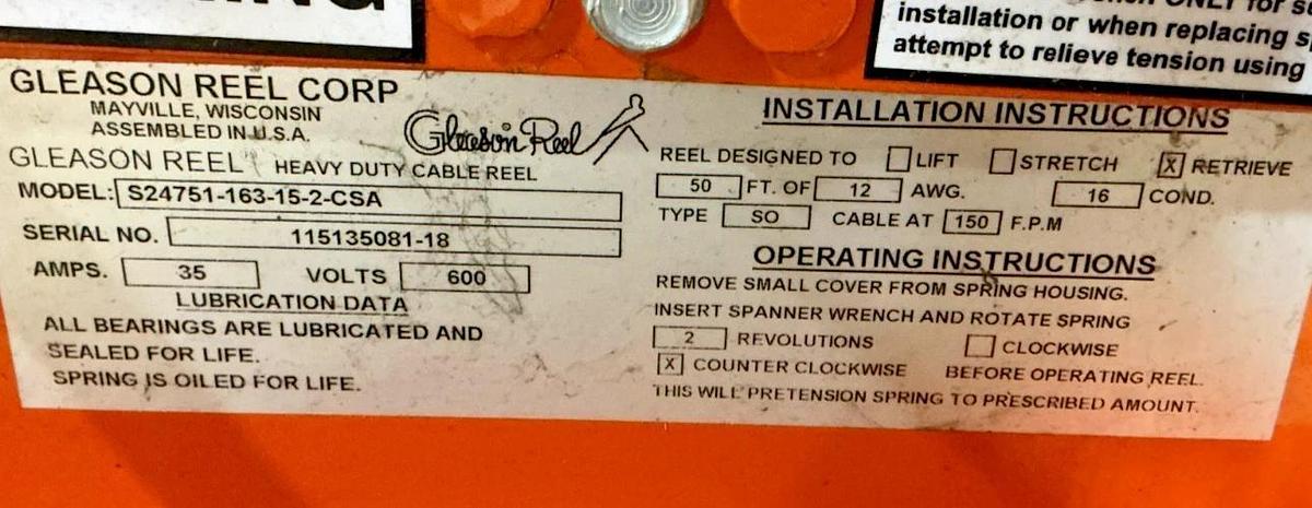 Used Gleason Reel S24751-163-15-2-CSA Heavy Duty Cable Reel Retrieve 50ft 35A 600V