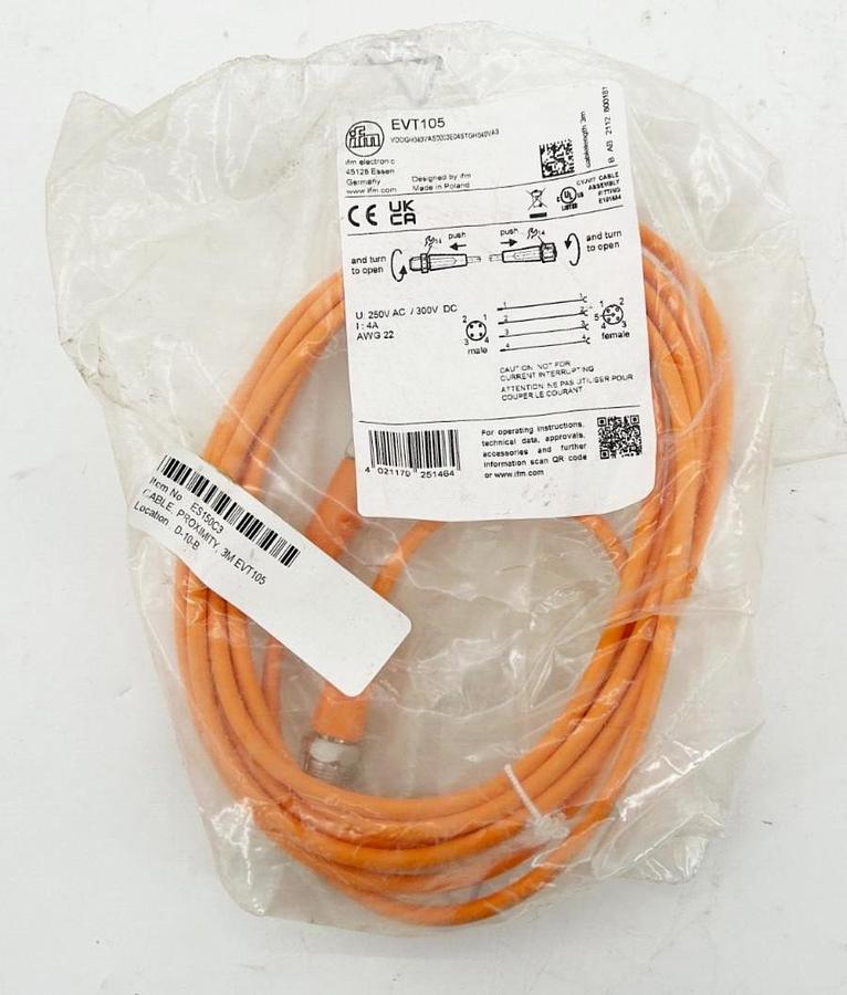 New IFM EVT105 Cordset 300V AWG 22