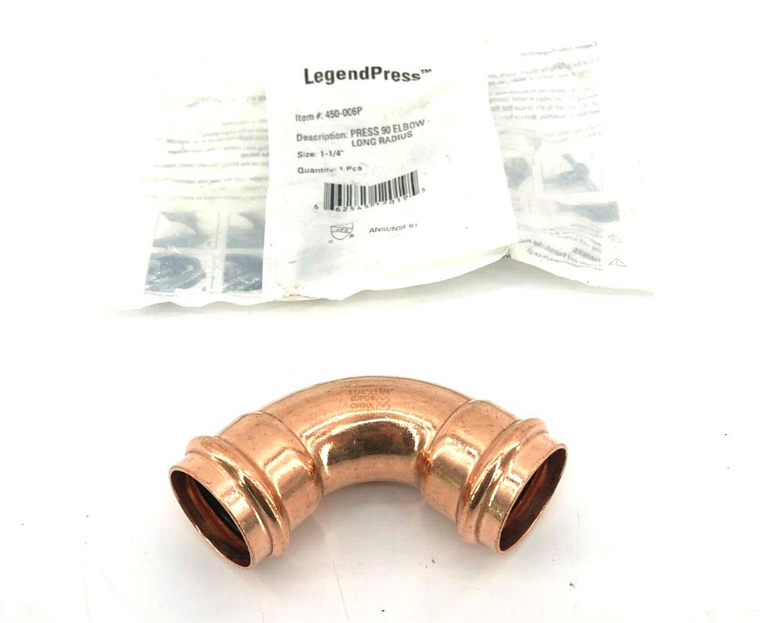 New Legend Press 450-006P Elbow, Long Radius, 90 deg, 1.25 in x 1.25", Copper