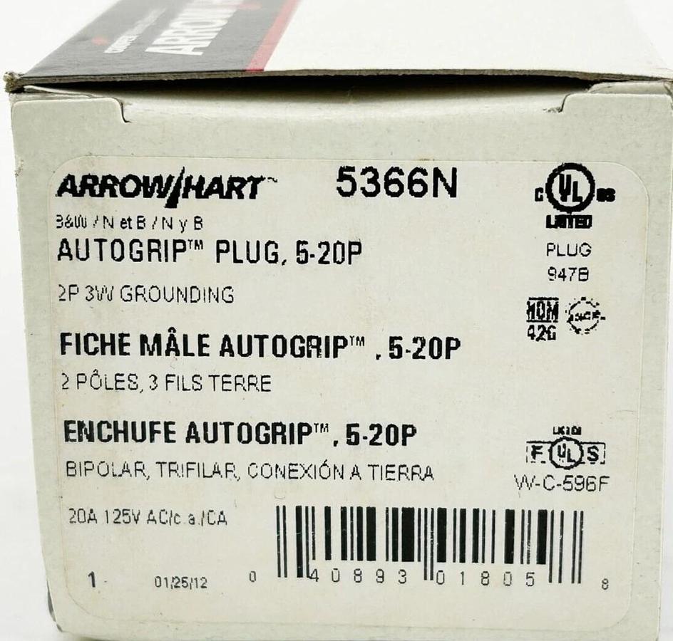 New Lot of 2 Arrow Hart 5366N AutoGrip Plug 5-20P 2P 3W Grounding 125V