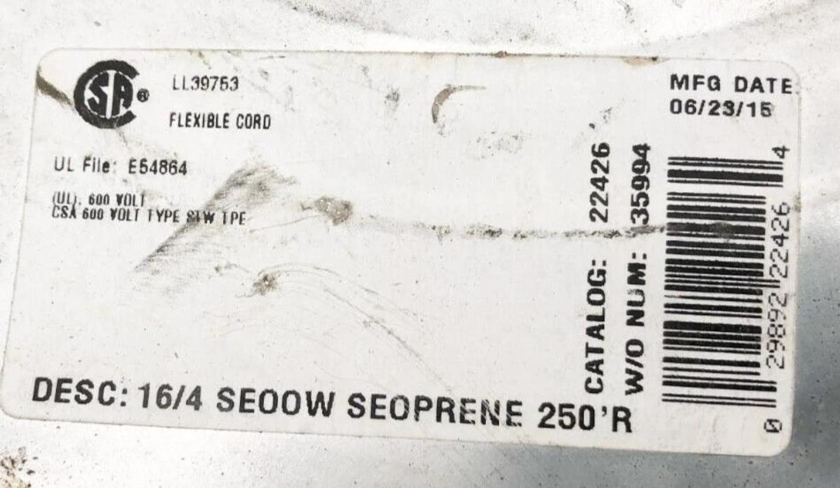 New Southwire 22426 Flexible Cord 600V 16/4 SEOOW Seoprene 14LB. Reel