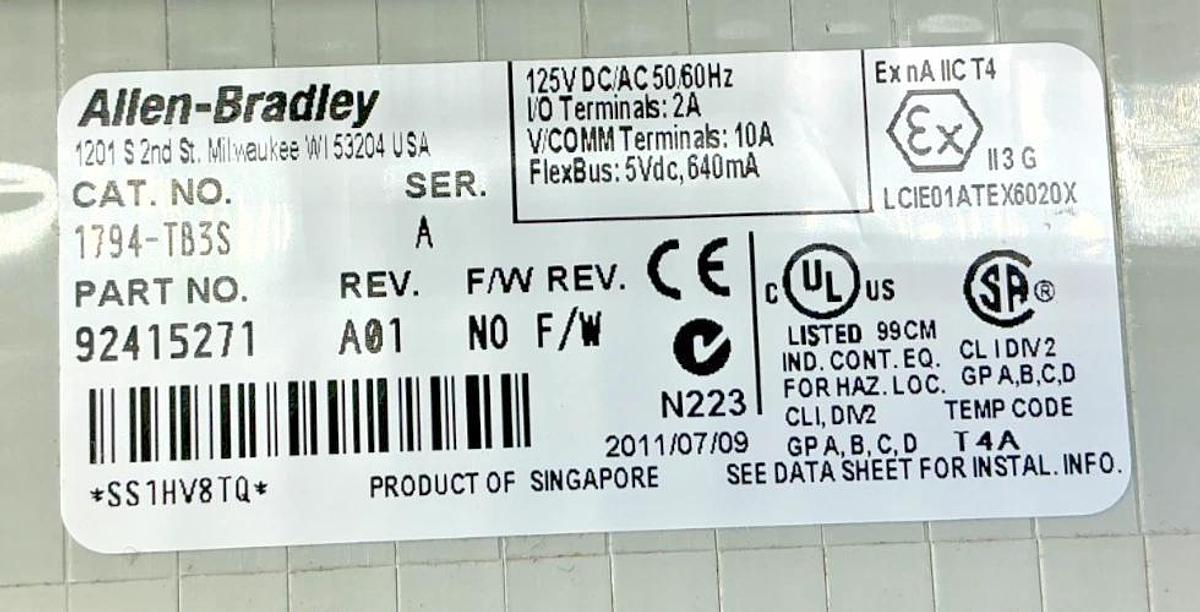 Used Allen Bradley 1794-TB3S Ser A Flex Terminal Base 125V 50/60HZ I/O 16-Term