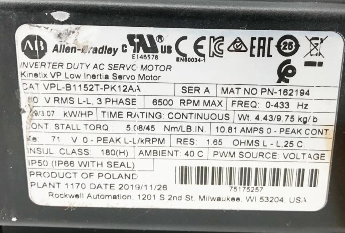 New Allen Bradley VPL-B1152T-PK12AA Ser. A Servo Motor 3 Phase 6500rpm - No Box