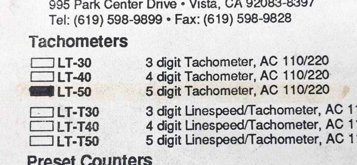 New Texmate LT-50 Tachometer 5-Digit 110/120VAC