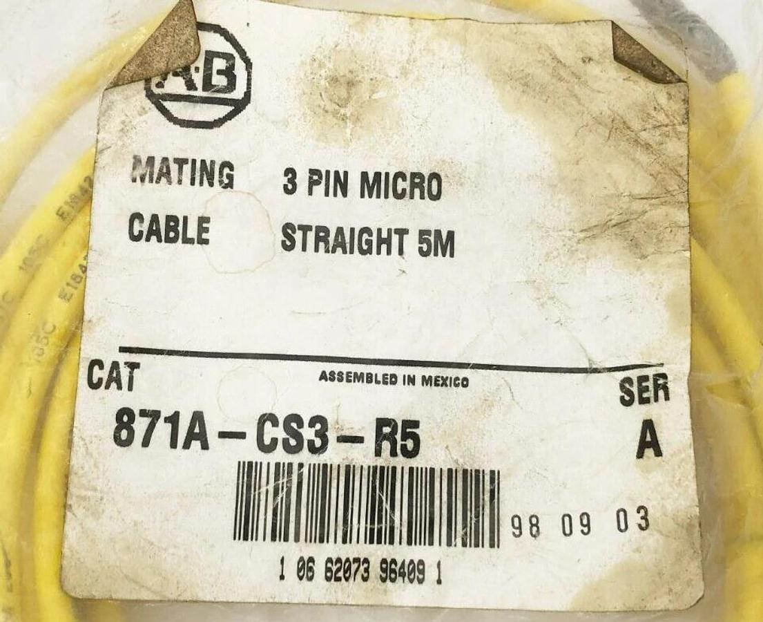 New Allen Bradley 871A-CS3-R5 Cable 3-Pin Micro Straight 5M