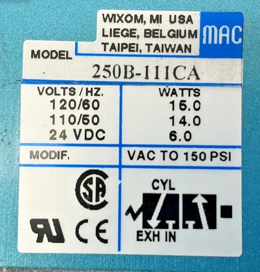 New MAC Valves 250B-111CA Solenoid Valve 15Watts 24VDC 150PSI 110/120V - No Box