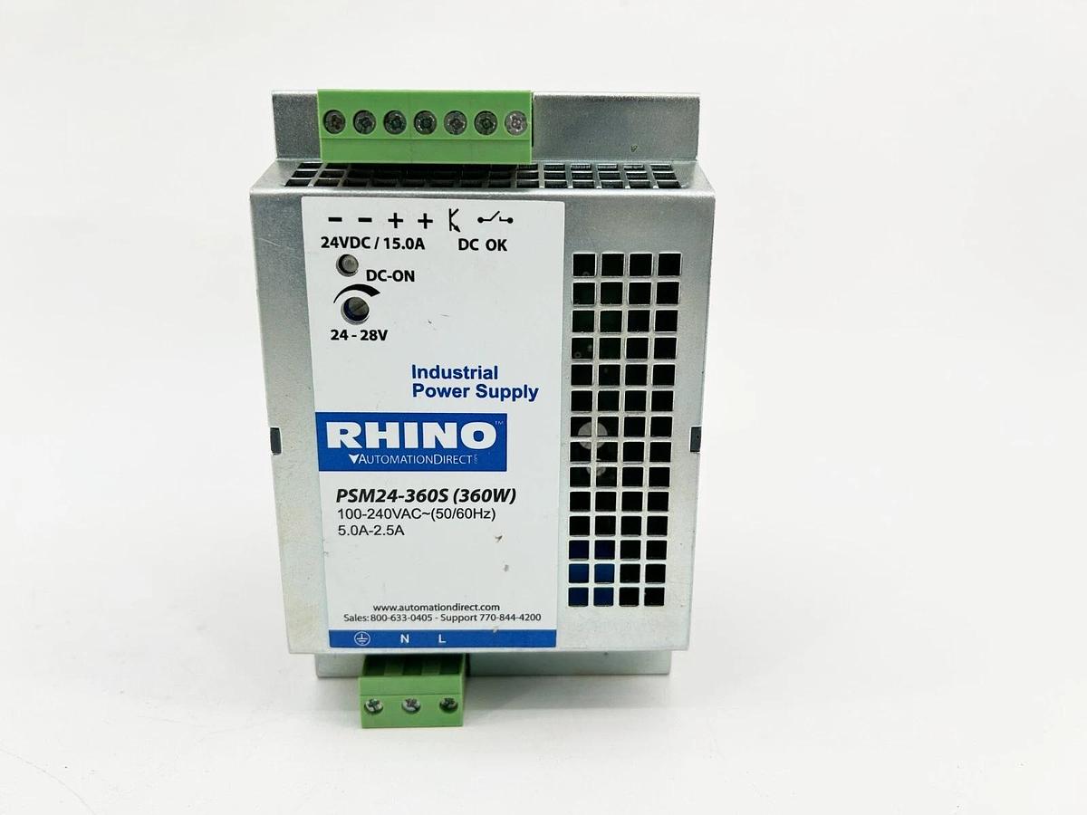 Used Rhino PSM24-360S Power Supply 5A 240VAC 50/60Hz 1 Phase 35MM Din Rail Mount