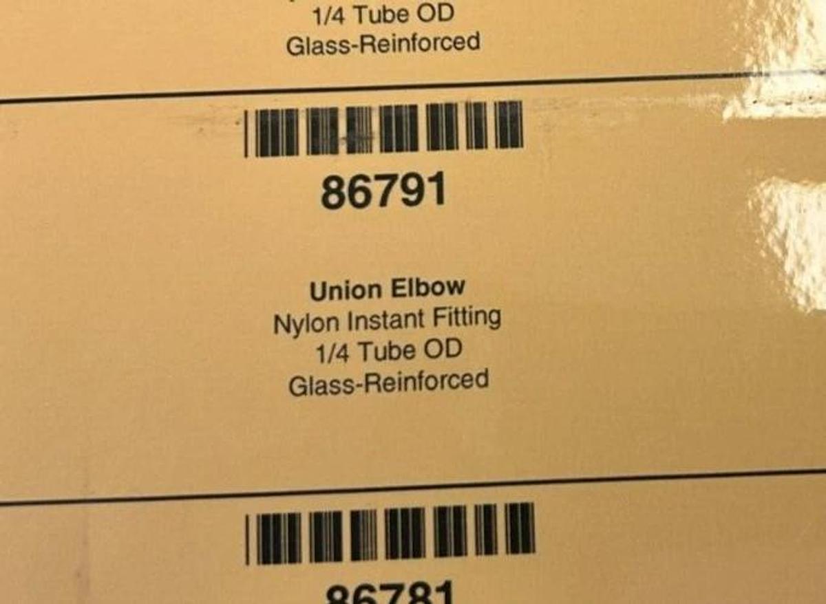 Lot of 4 New Lawson 86791 Union Elbows, 1/4" Tube OD, Glass Reinforced Nylon