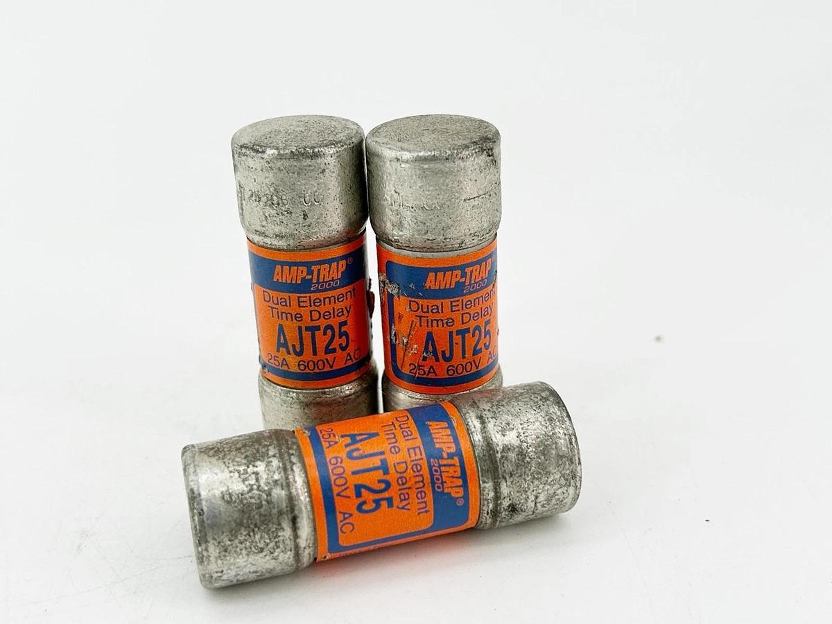 Used Lot of 3 Amp-Trap AJT25 Dual Element Time Delay Fuse 25A 600V