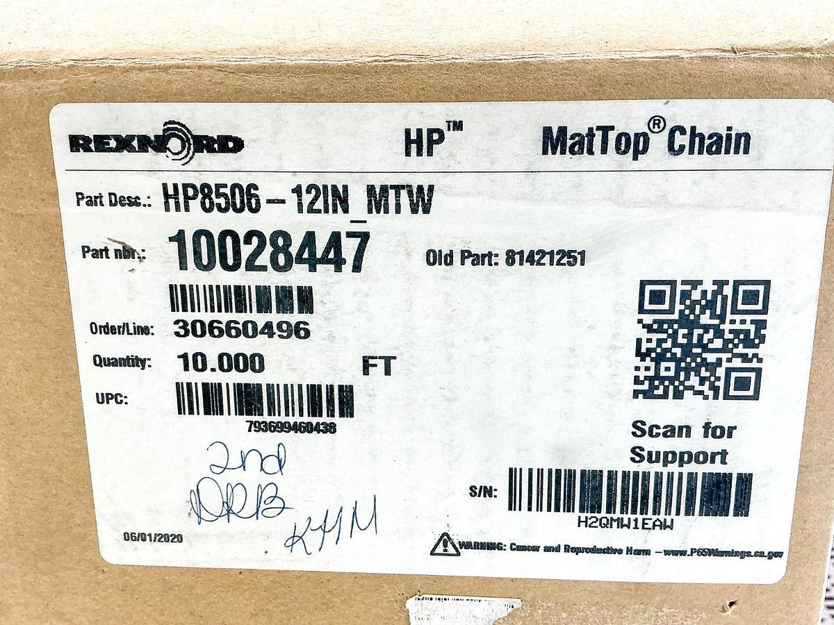 New Rexnord 10028447 MatTop Chain 10FT 12"W 0.75" Pitch HP8506-12IN MTW 81421251