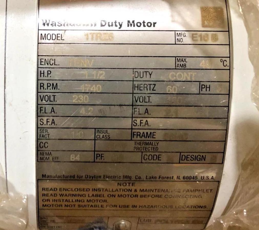New Dayton 1TRZ5 Washdown Motor 1-1/2 HP 208-230/460V 1740rpm 4.2/2.1A 3PH