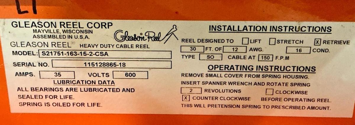 Used Gleason Reel S21751-163-15-2-CSA Heavy Duty Cable Reel Retrieve 30ft 35A 600V