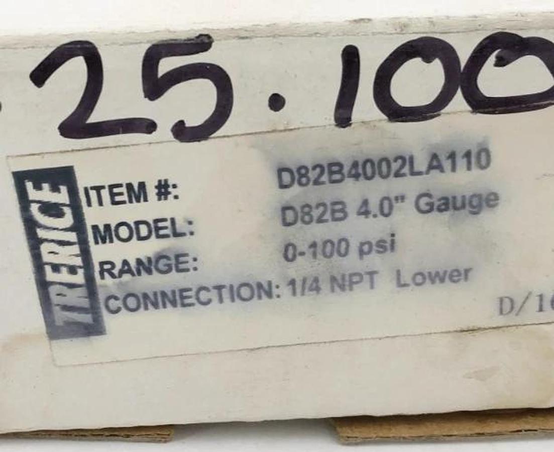 New Trerice D82B4002LA110 Pressure Gauge D82B 4" 0-100psi 1/4" Lower